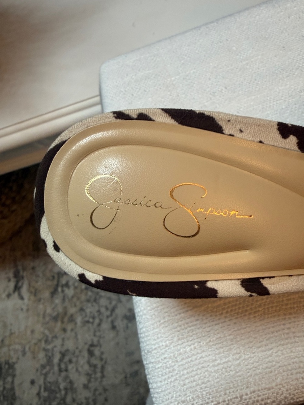 Jessica Simpson Brown & Cream Cow Print Pointed Mules - Picture 3 of 3